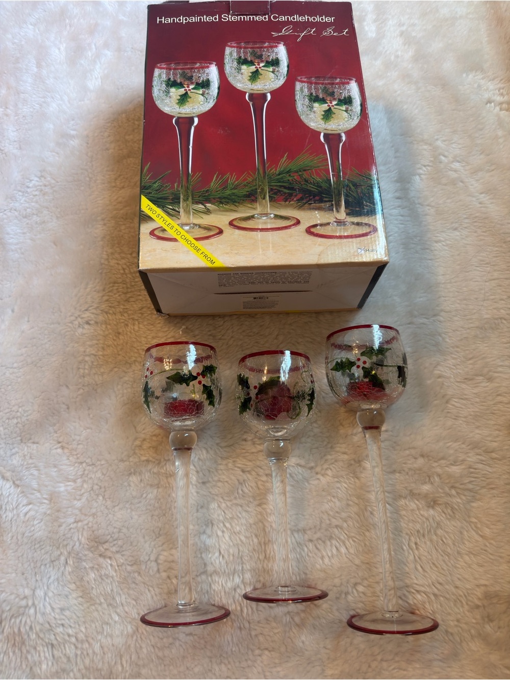 Hand-Painted Holiday Stemmed Candleholder Glasses with Holly Motif (Set of 3) - Picture 5 of 8